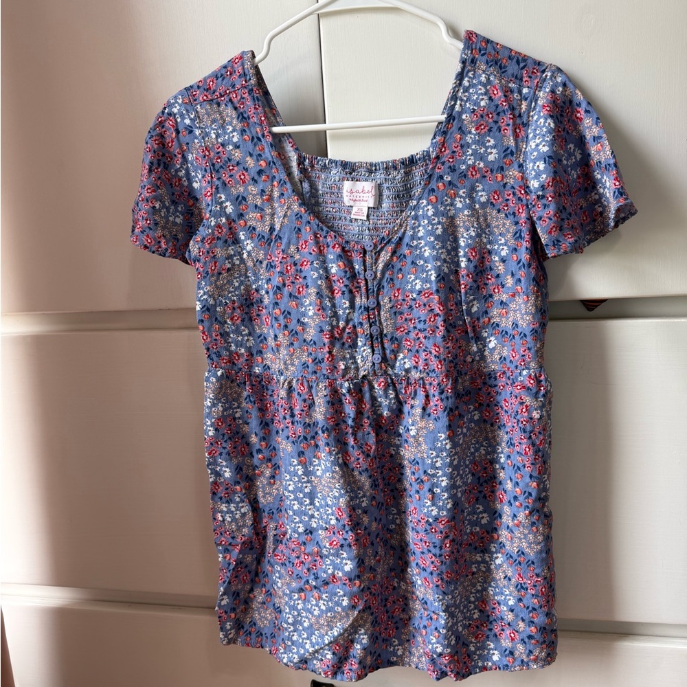 Maternity Blue Floral Short-Sleeve Top